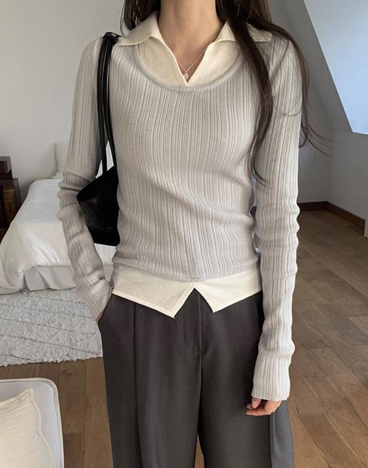 오브뮤트 [하객룩] 플린 배색 카라 니트