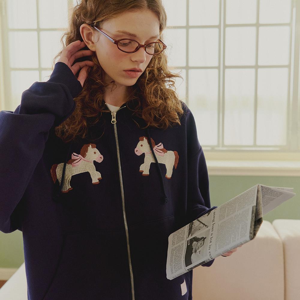 FURRY PONY PATCH HOODIE ZIP UP NAVY