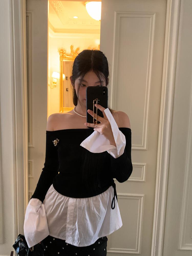 셔츠 레이어드 슬림 오프숄더 탑 (2col)