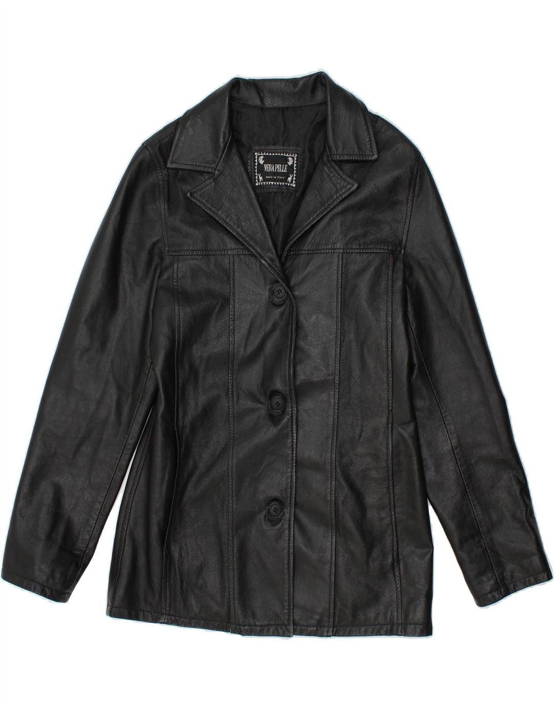 VINTAGE Womens Leather Jacket UK 10 Small Black Leather