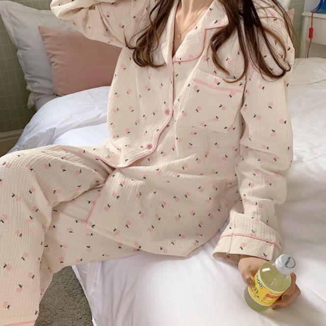 [2컬러] 윈드 플라워 긴팔 요루면 잠옷 세트 홈웨어 순면 파자마 거즈면 수면바지