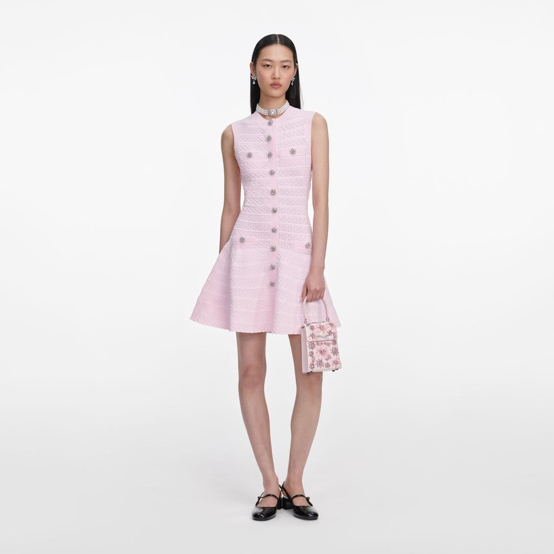 Pink Pointelle Diamante Knit Mini Dress - XS