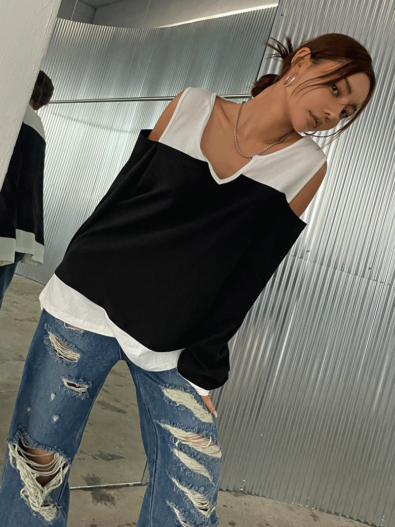 레고 배색 오프숄더 오버티셔츠