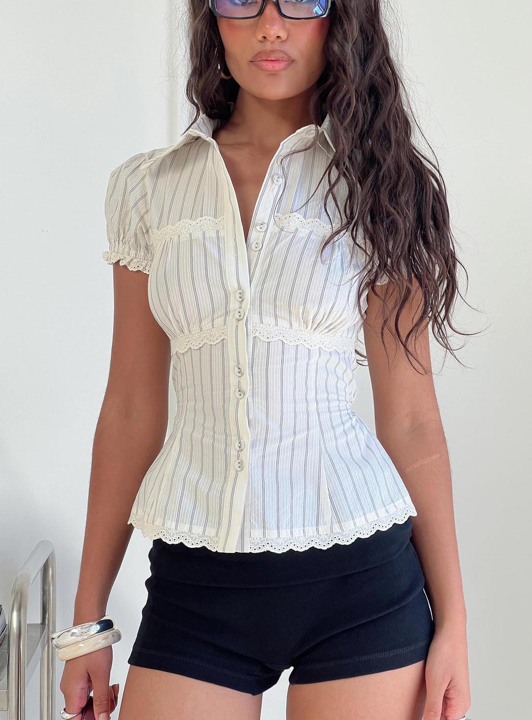 Deserve You Puff Sleeve Button Front Top Cream Stripe - US 0 / Cream Stripe