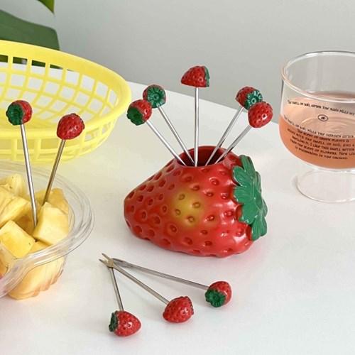 페이퍼가든 스트로베리 티포크10pcs+홀더 디저트 과일 포크 미니