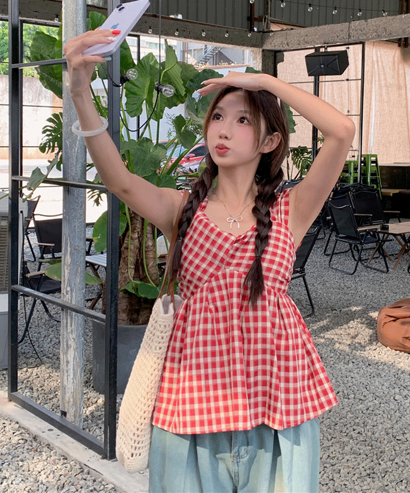 썸즈마인 민즈 체크 나시 블라우스