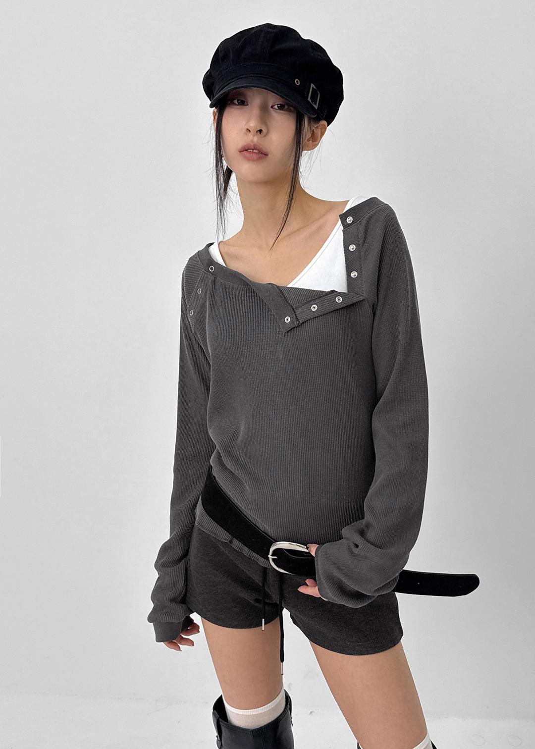 블랙업 피렐 스냅버튼 와플 긴팔티