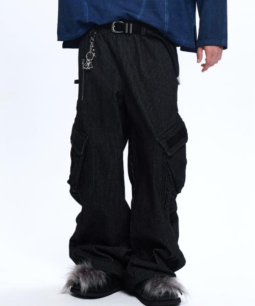 WRINKLE MIXED STRIPE CARPENTER DENIM PANTS - BLACK
