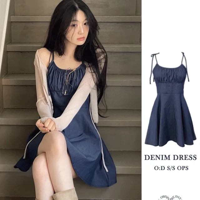 우노 끈조절 데님 리본 뷔스티에 셔링 플레어 미니원피스 2color