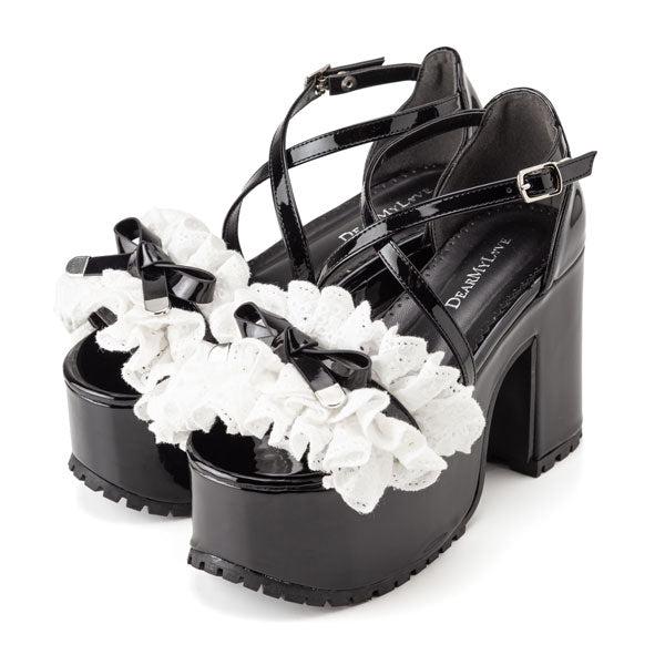 コットンレースフリルリボンサンダル - ブラック / 23.5cm