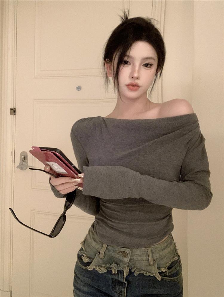 르뚜앙 [당일출고] 투두유 봄 가을 드레이프 셔링 오프숄더 티 블라우스 블랙 그레이 르뚜앙