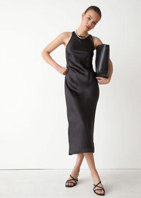 새틴 슬립 미디 드레스