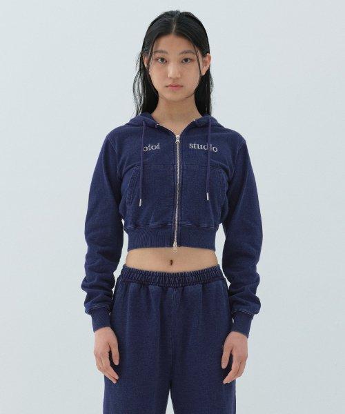 레이어드 로고 크롭 후드집업_딥 블루