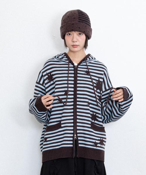 STAR STRIPE KNIT HOOD ZIP UP_BROWN(IK2FFMK681A)