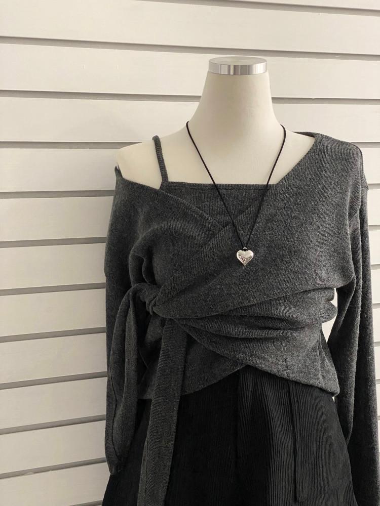 (세트) 페미닌 허리 스트랩 골지 나시 랩니트