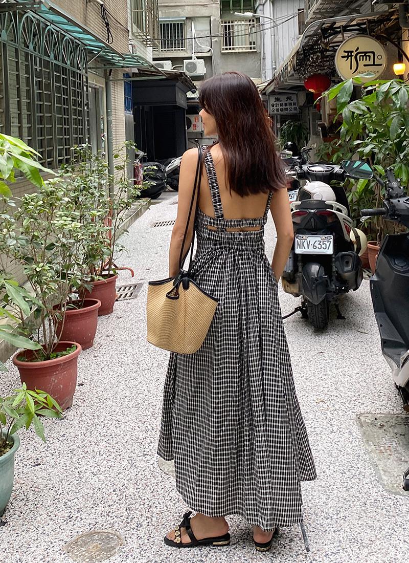 체크 백리스 밴딩 원피스