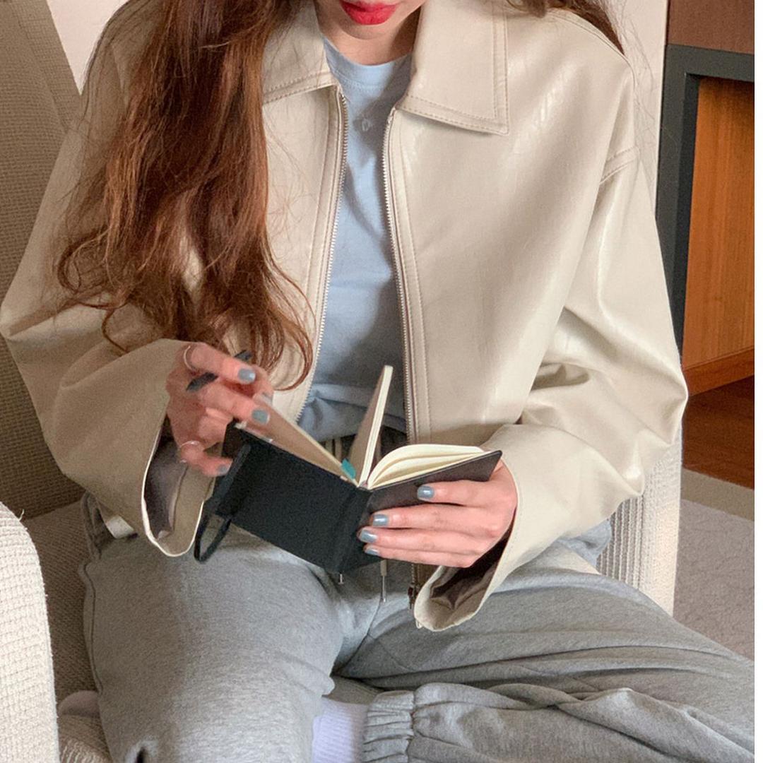 크롭 숏 가을 카라넥 레더 가죽 베이직 캐주얼 시크 블랙 크림 라이더 자켓 2color