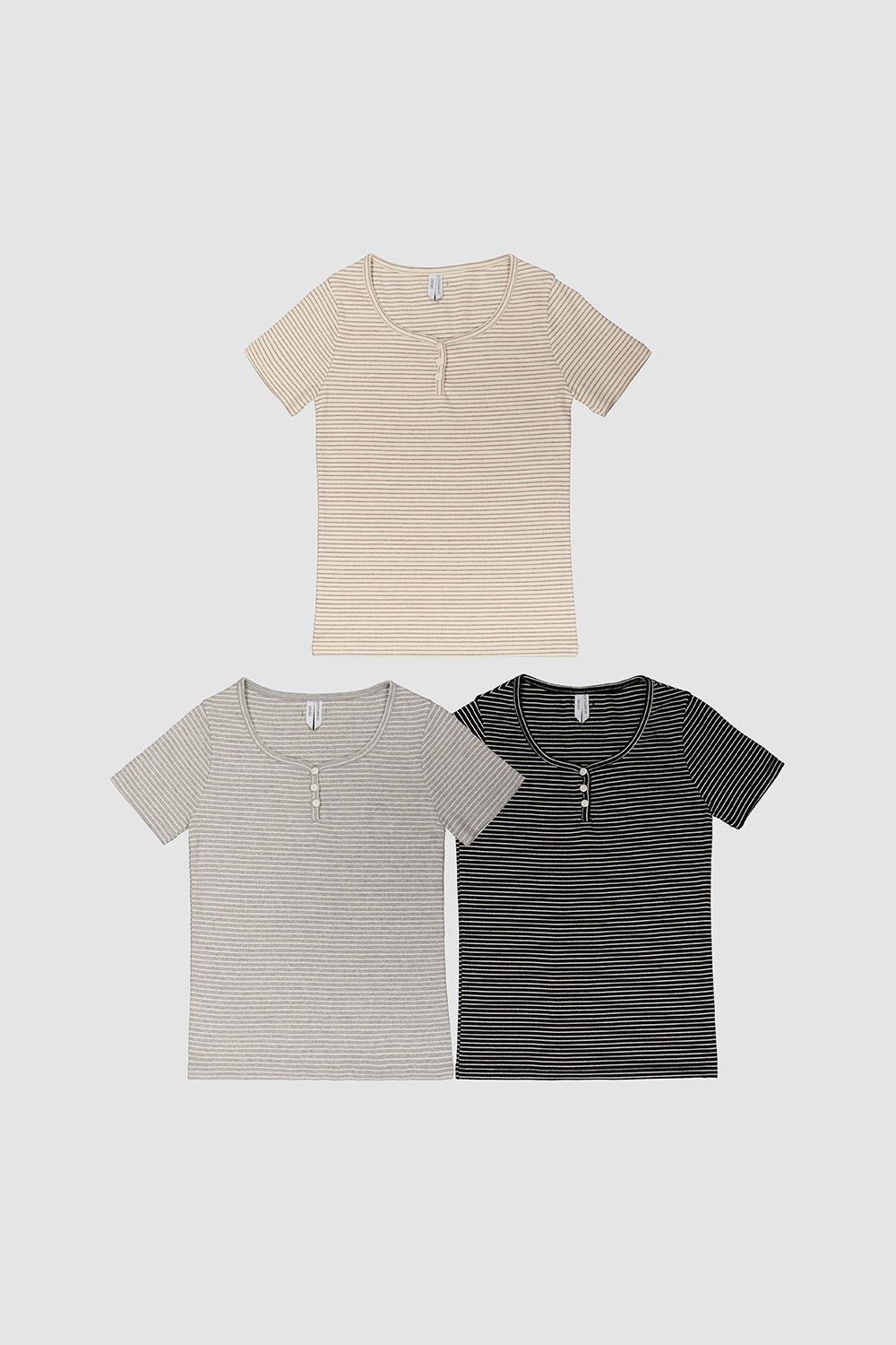 D. BASIC STRIPE BUTTON TEE - 3 COLOR