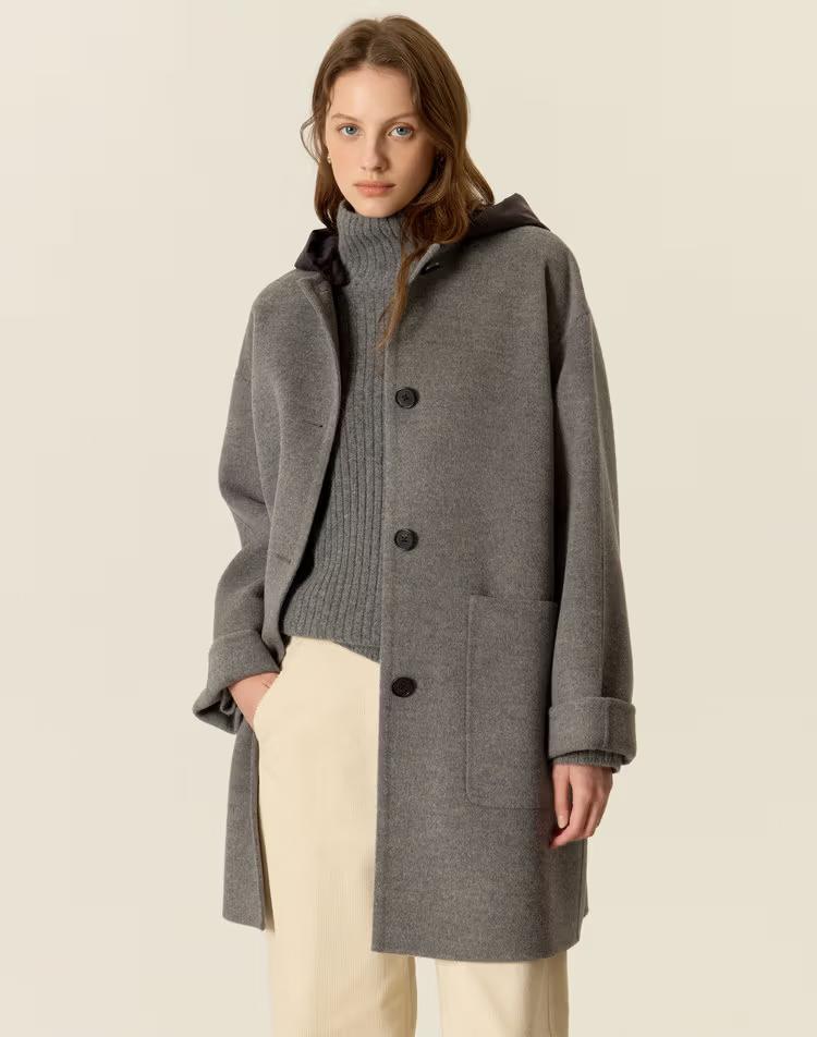 [시즌오프] 그레이 투톤 탈착후드 울캐시미어 하프 롱코트