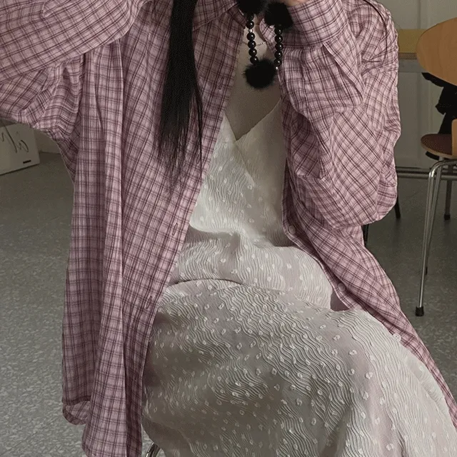 [기획/여리핏] 남녀공용 루즈핏 오버핏 썸머 빈티지 체크 시어서커 긴팔 셔츠 블라우스 (4color)