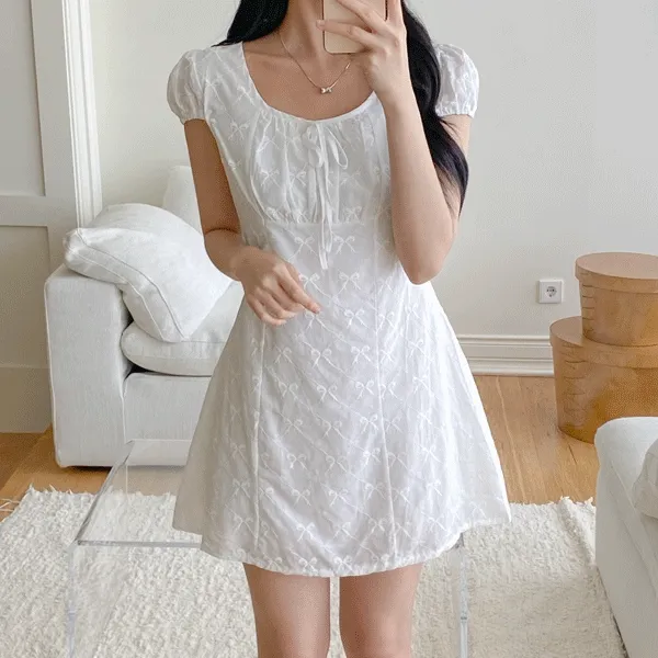 [기획] 리본부자퍼프OPS(2c) 반팔원피스 미니원피스 자수리본레이스원피스 A라인 플레어 여름원피스