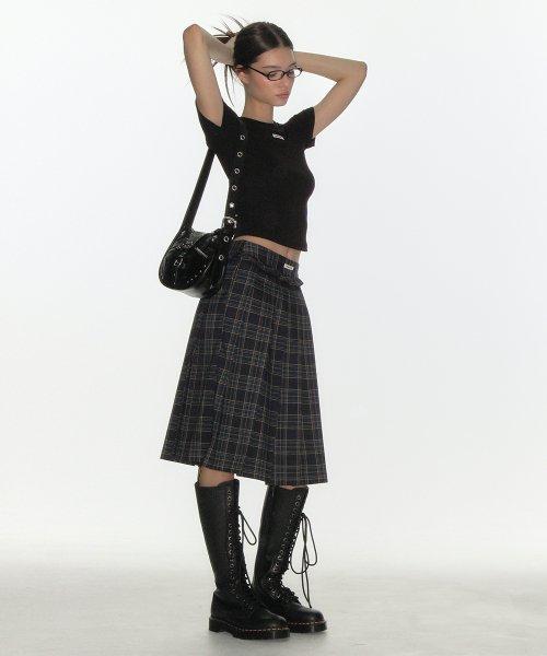 체크 프릴 플리츠 미디 스커트_네이비