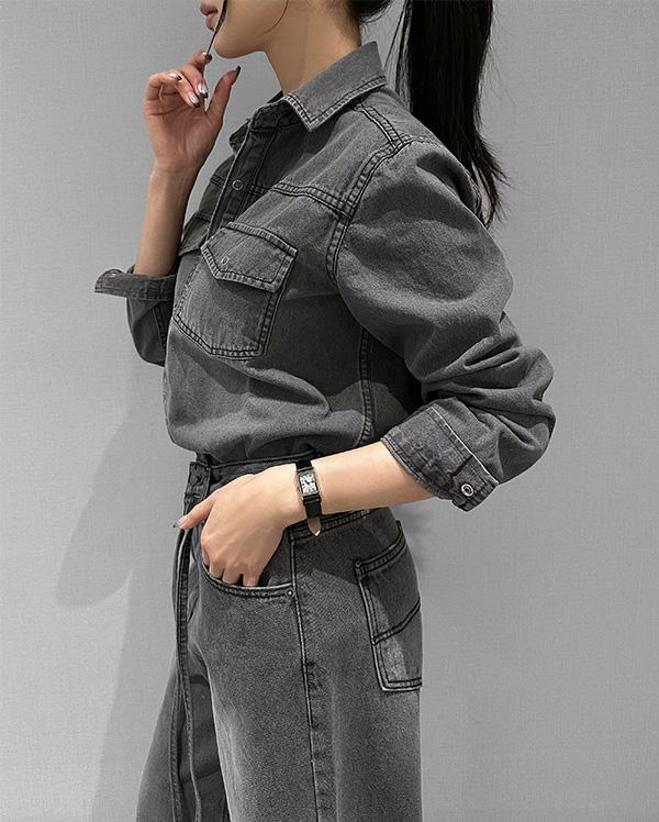 니드 포켓 데님 셔츠