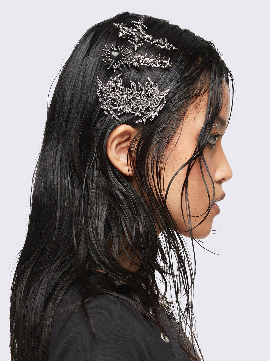 Metal Crush Hair Clip Set - One Size / Silver
