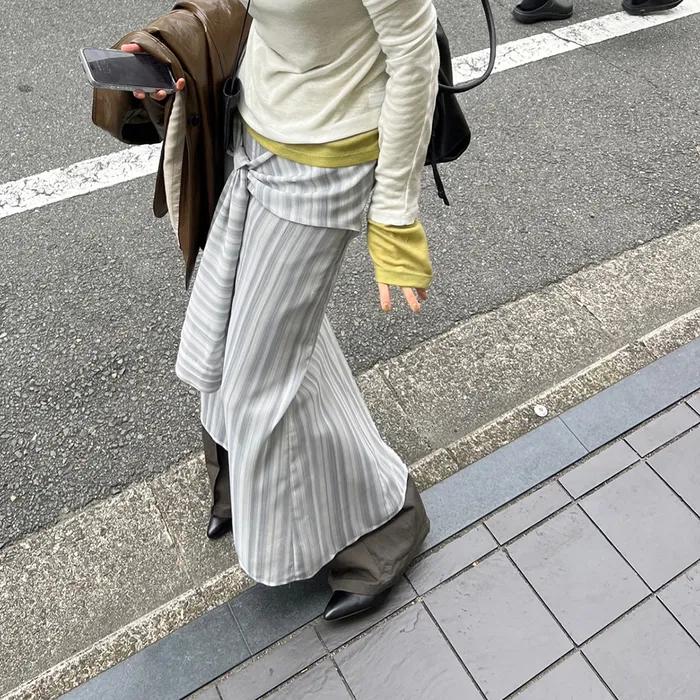 Shirt Detailed Tie Skirt (dust blue stripe)