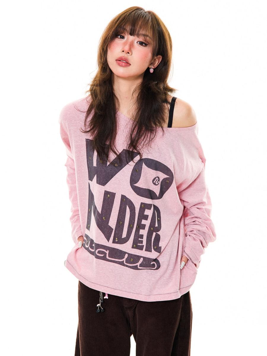 YOUNG STAGE Spicy Letter Logo Off-Shoulder Long Sleeve (2color)