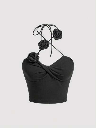 SHEIN X Doris Jocelyn SHEIN MOD Appliques Detail Halter 3D Flower Decoration  Valentine Day  Black Top