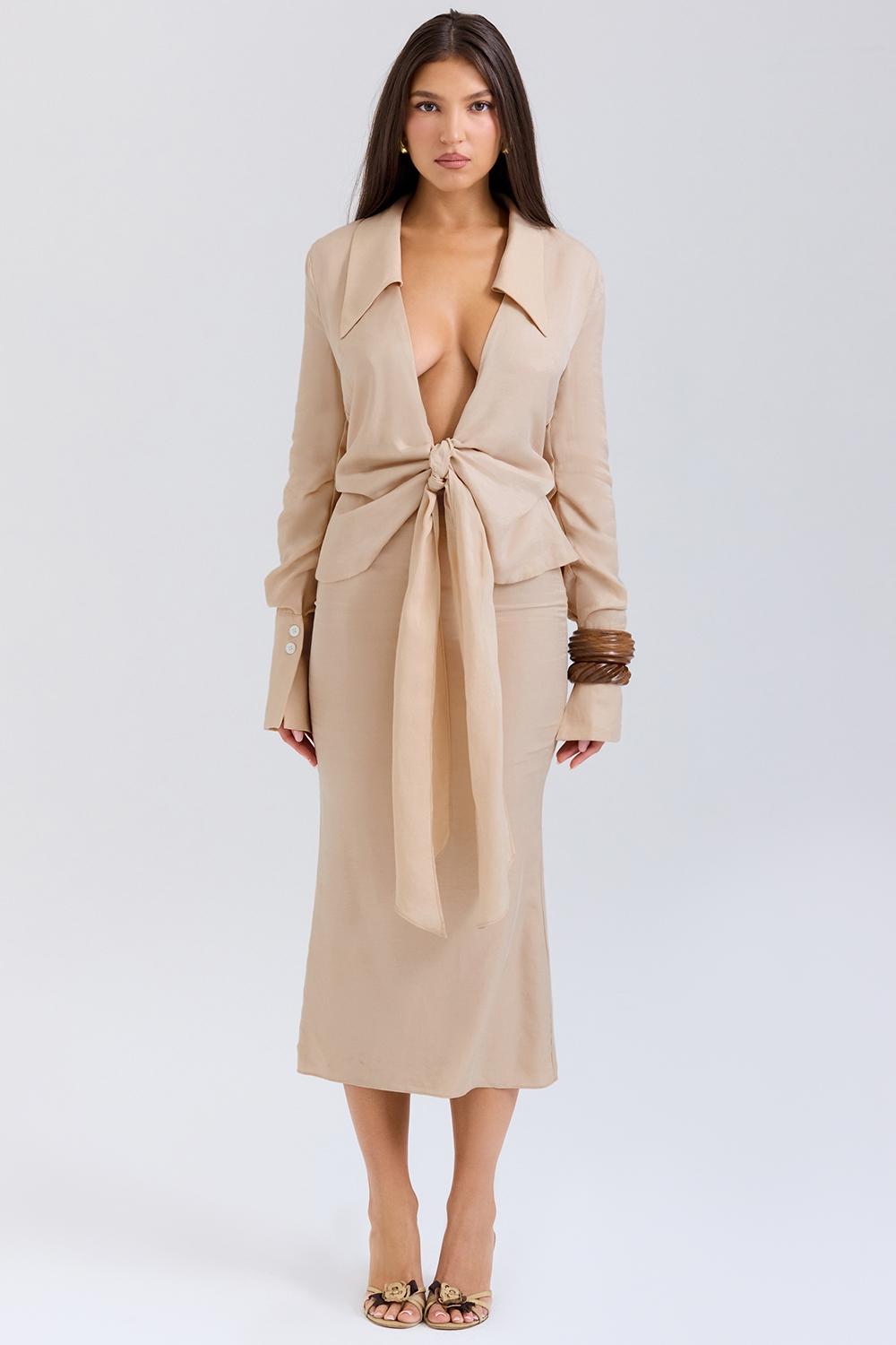 Almond Plunge Shirt Midi Dress