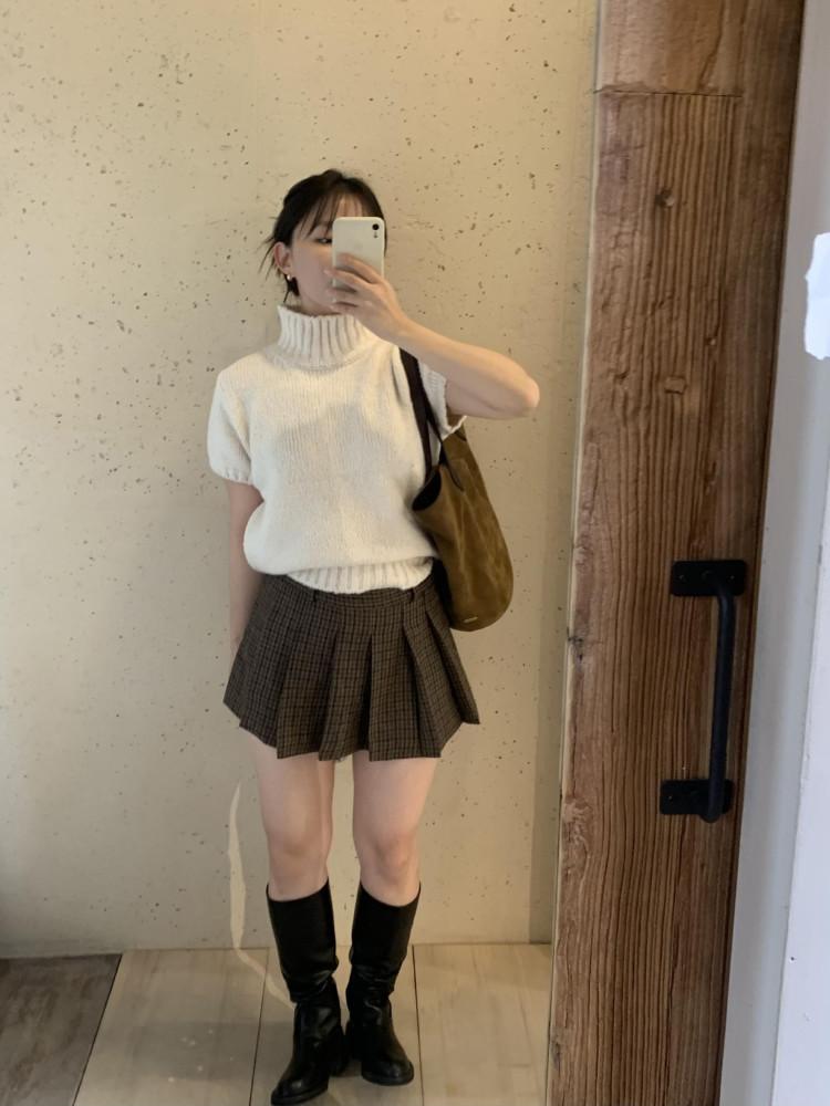 로우라이즈 프렌치 체크 플리츠 스커트 하프팬츠 (2color)