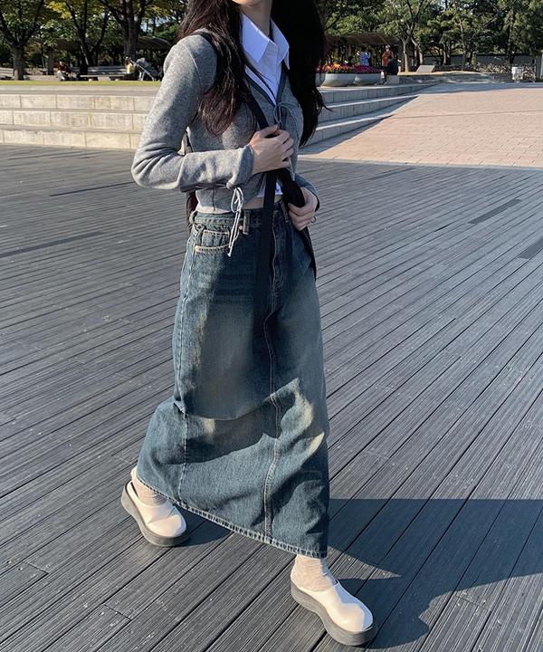 초크 브러쉬 워싱 롱 스커트