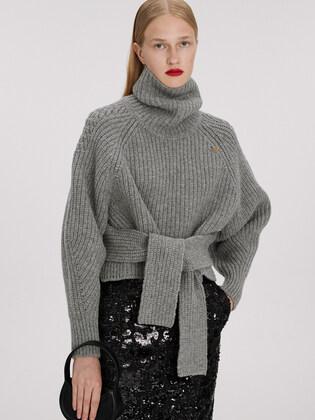 CHUNKY WOOL ROLL NECK CROPPED BELTED SWEATER, GREY