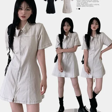 [데일리/깔끔한아웃핏] 카라 린넨 집업 원피스 -2color