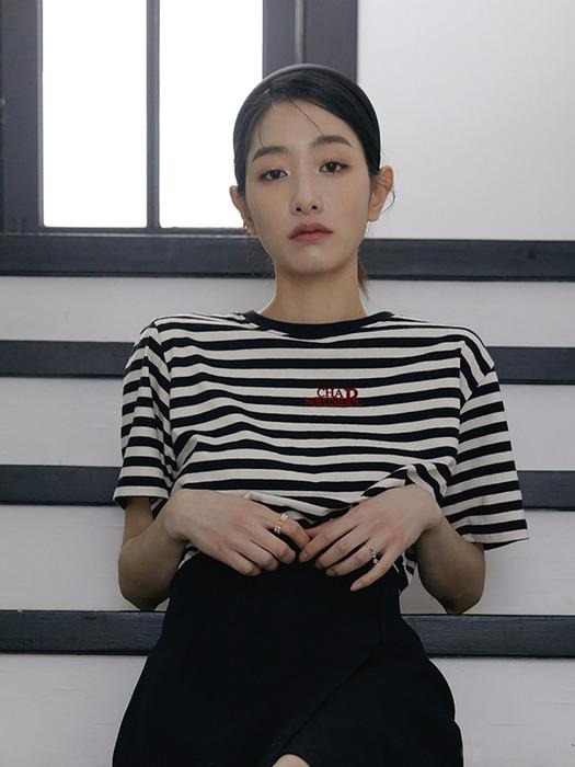 [TWINS]CHARMEUSE logo stripe t-shirts_black sorbet