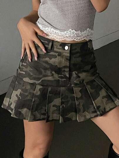 DAZY 여성용 여름 스트리트 스타일 카모플라쥬 플리츠 미니스커트