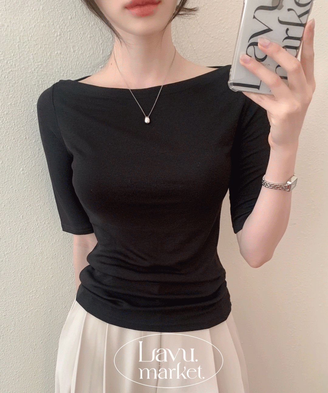 라뷰마켓 팔뚝커버+실루엣입술티💋 코이트 입술넥 골지 5부 반팔티 4color [보트넥/하객룩/출근룩/오프숄더/여름출근룩/여름하객룩/단정한/증사]