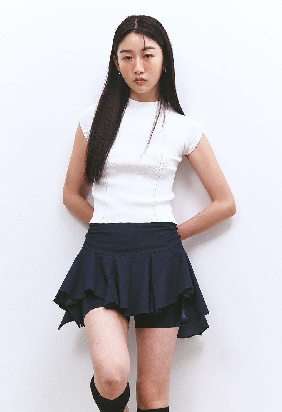 ASYMMETRIC CULOTTE FRILL MINI SKIRT (NAVY)