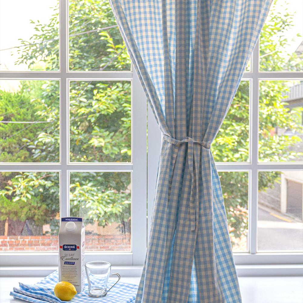 밀크 블루 체크 커튼 거실 창문 커튼 가리개커튼