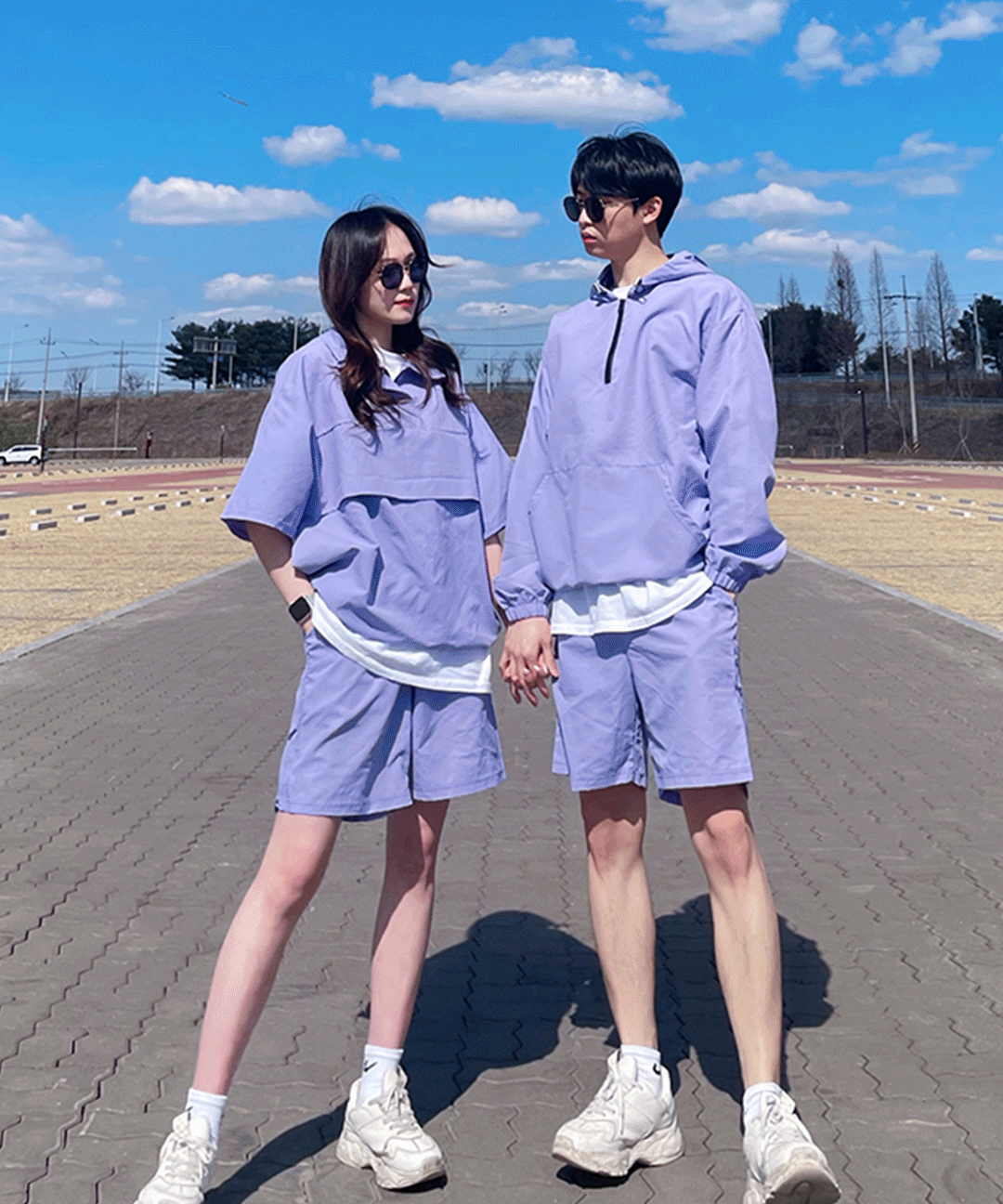 [SET가격/8컬러] 커플아노락 오버핏 반집업 아노락 후드 반팔 트레이닝복 트레이닝 세트 셋업 아노락세트 커플룩 시밀러룩 운동복