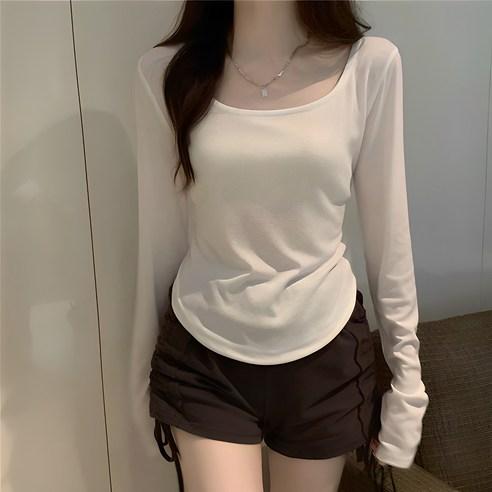 구디프 여성용 여리핏 슬림 딥유넥 라운드 슬릿 기본 긴팔티 - 티셔츠 | 쿠팡