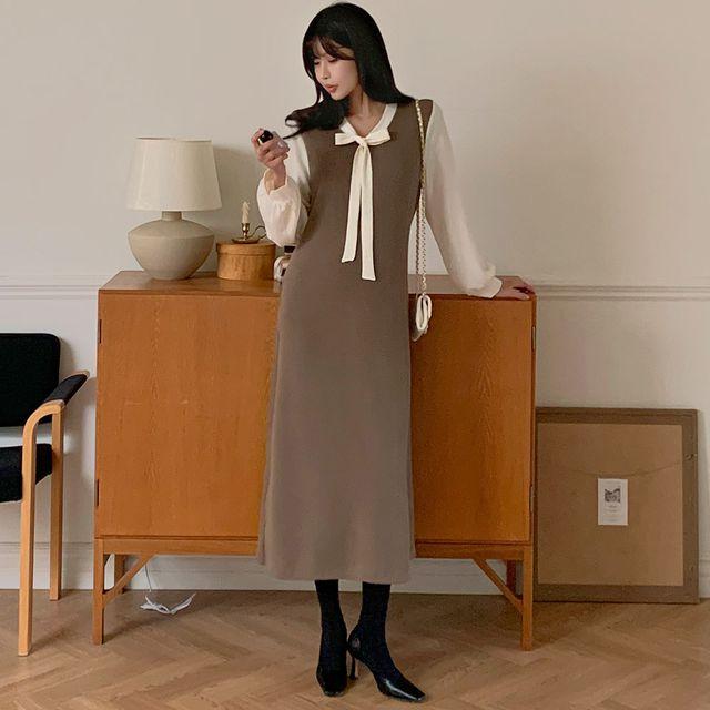 페니아 타이 롱원피스 브이넥 배색 허리끈 H라인 빅사이즈