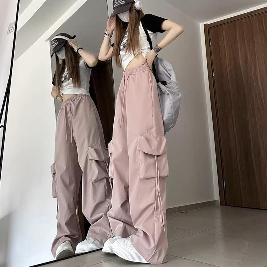 디에프 여성용 바스락 와이드 밴딩 팬츠 편한 고무줄 카고 바지 사이드포켓스트링바스락팬츠