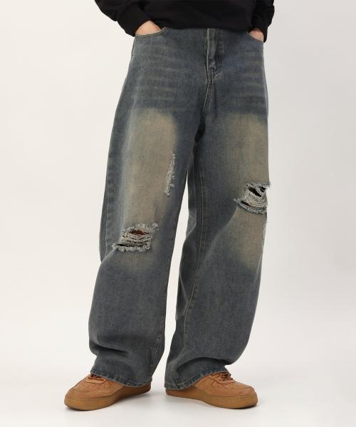 디스트로이드 데미지 와이드 워싱 데님 팬츠 중청