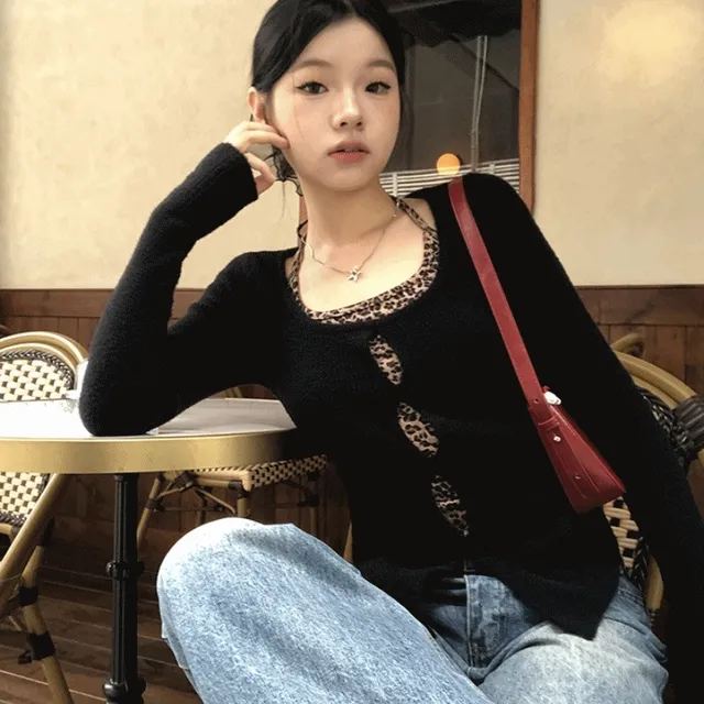 레오파드 홀터넥 레이어드 긴팔 니트