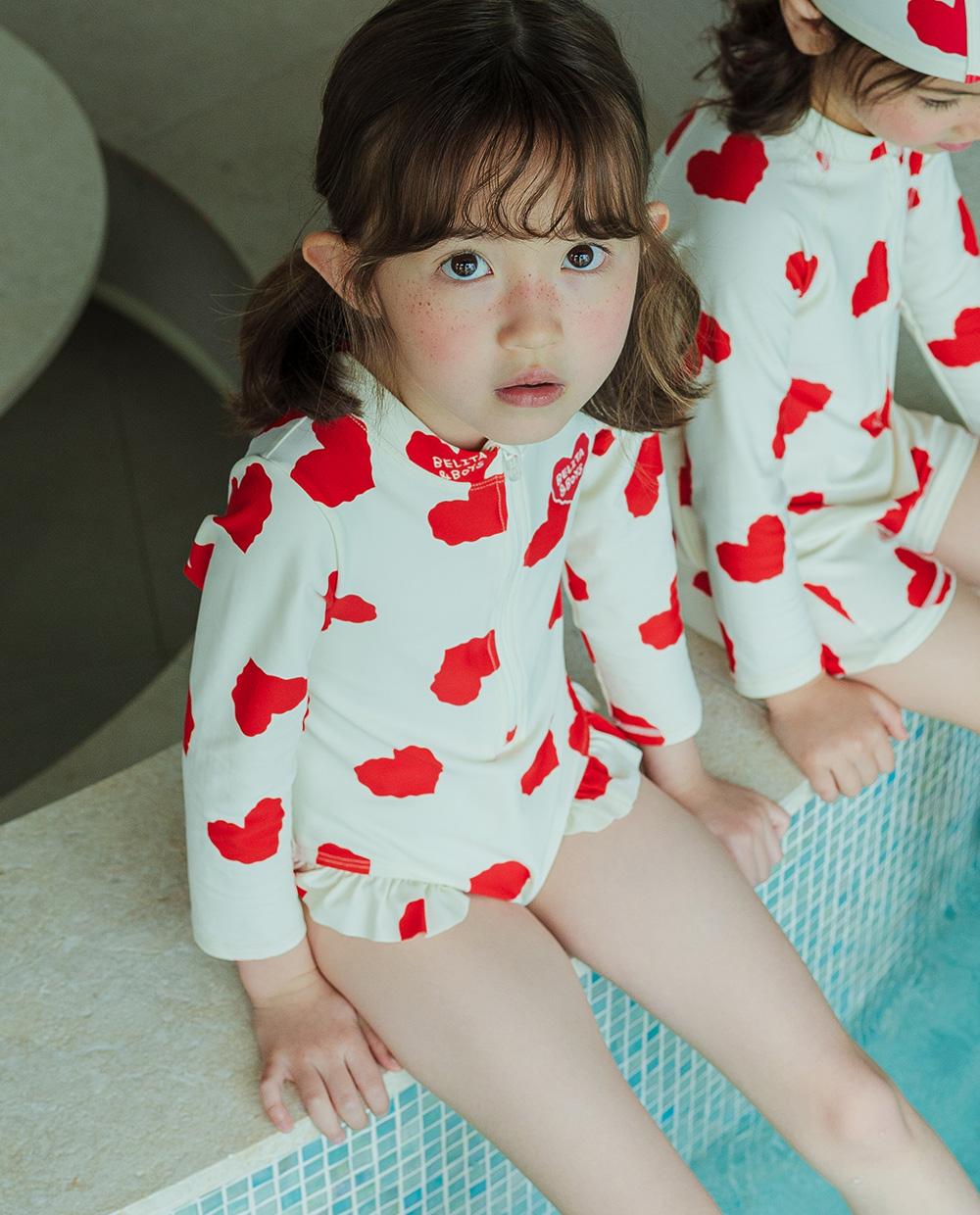 [GIRL SET] Red BB Heart Pattern Frill Swimsuit