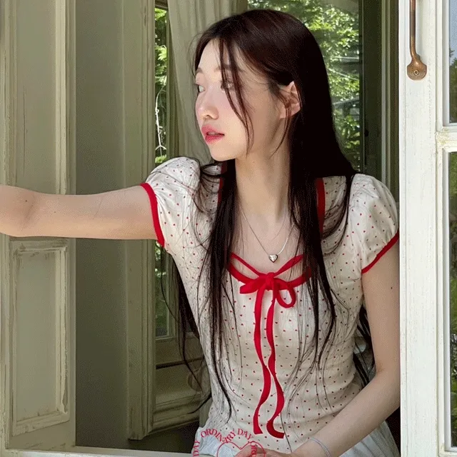 (스판진짜좋아요❤) 모하 키치 리본 하트 배색 퍼프 반팔 티셔츠 2color