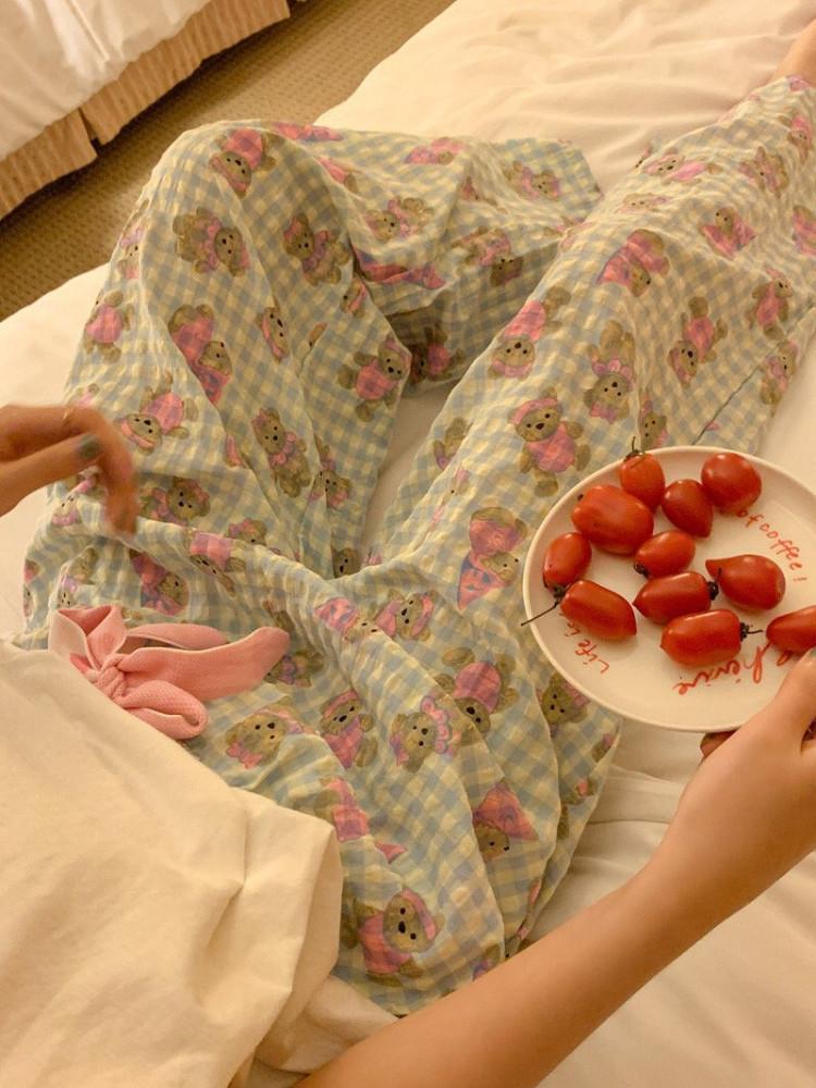 하트 곰돌이 체크 잠옷 바지 시어서커 여름 빅사이즈 주머니 파자마 팬츠